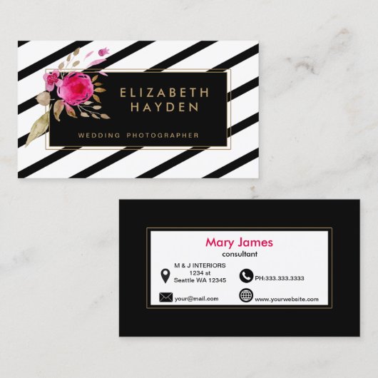 白黒金ゴールドストライプフローラ名刺 名刺 (正面/裏面)