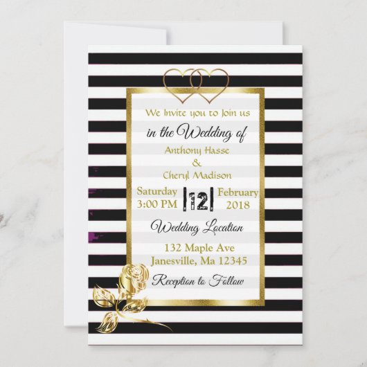 白黒金ゴールドストライプ結婚式招待状 招待状 (正面)