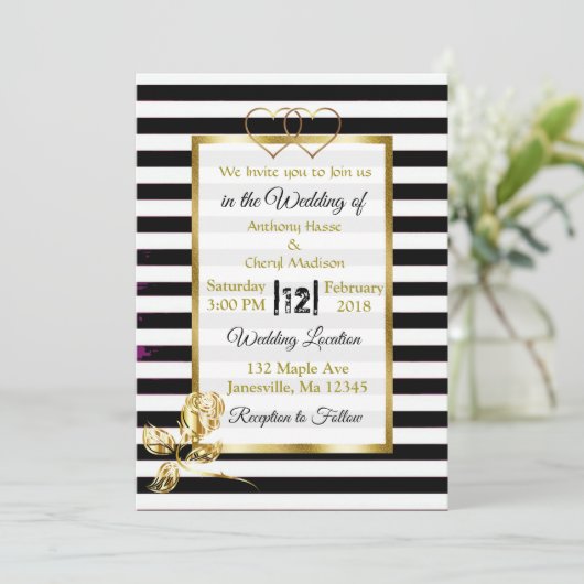 白黒金ゴールドストライプ結婚式招待状 招待状 (スタンド正面)