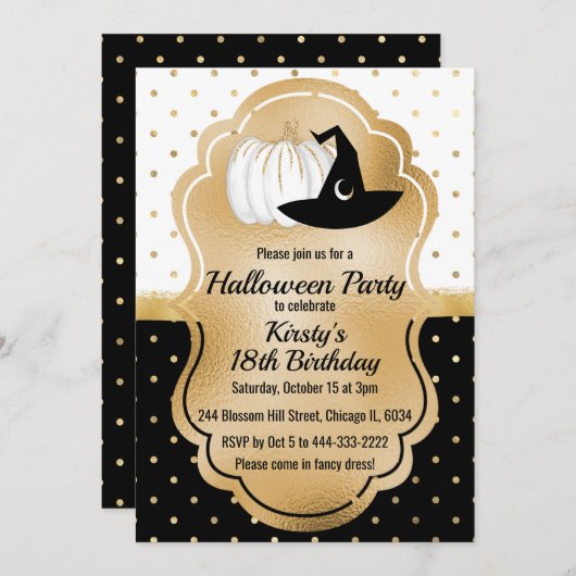 白黒金ゴールドスポットハロウィーン誕生日 招待状 (正面/裏面)