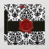 白黒金ゴールドダマスク,レッドワックスシールモノグラム 招待状 (正面/裏面)