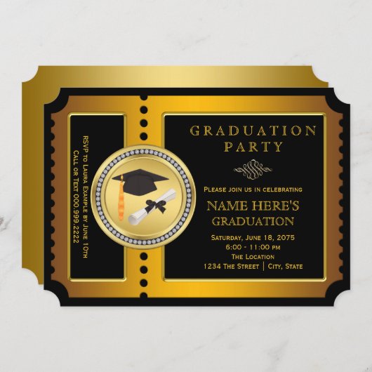 白黒金ゴールドチケット卒業パーティー 招待状 (正面/裏面)