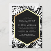 白黒金ゴールドトロピカルパームオールインワン結婚ズ 招待状 (正面)