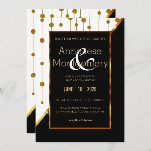 白黒金ゴールドドット文字列結婚式招待状 招待状 (正面/裏面)