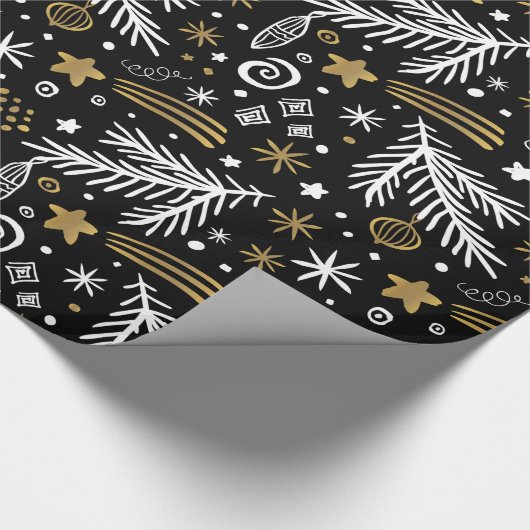 白黒金ゴールドドードルパインと星クリスマス ラッピングペーパー (角)
