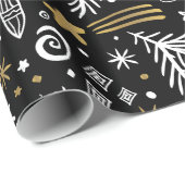 白黒金ゴールドドードルパインと星クリスマス ラッピングペーパー (ロールコーナー)