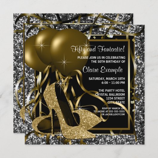 白黒金ゴールドハイヒールウーマンバースデーパーティー 招待状 (正面/裏面)