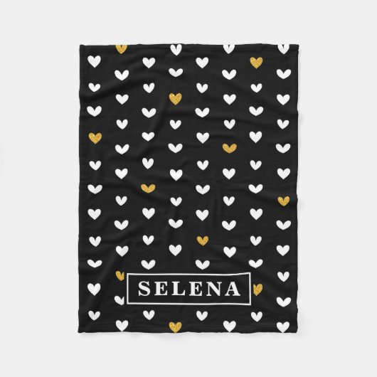 白黒金ゴールドハートパターン名前をカスタムする フリースブランケット (正面)