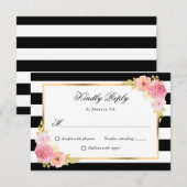 白黒金ゴールドピンクウォーターカラーフローラ結婚ズ 出欠カード (正面/裏面)