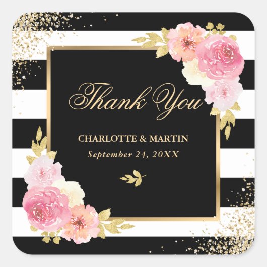 白黒金ゴールドピンクフローラ結婚ズサンキュー スクエアシール (正面)