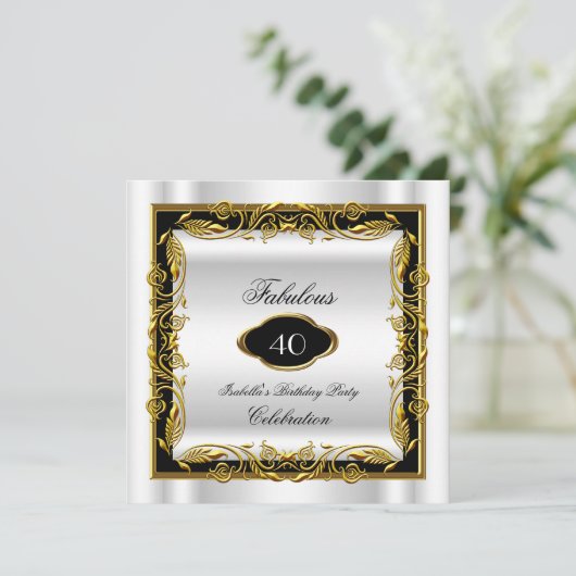 白黒金ゴールドファブラス40エレガント誕生日 招待状 (スタンド正面)