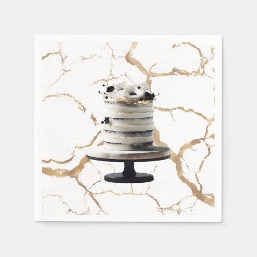 白黒金ゴールドフローラティエケーキブライダルシャワー スタンダードカクテルナプキン (正面)