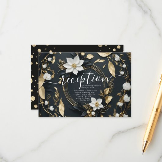 白黒金ゴールドフローラリースウェディング受付 エンクロージャーカード (正面/裏面インサイチュ)
