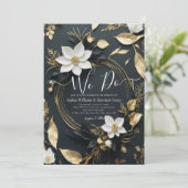 白黒金ゴールドフローラリース我々は結婚の写真を行う 招待状 (スタンド正面)