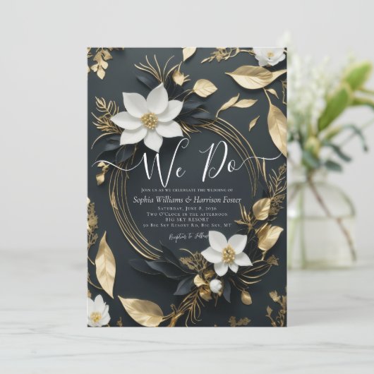 白黒金ゴールドフローラリース我々は結婚の写真を行う 招待状 (スタンド正面)