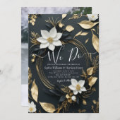 白黒金ゴールドフローラリース我々は結婚の写真を行う 招待状 (正面/裏面)