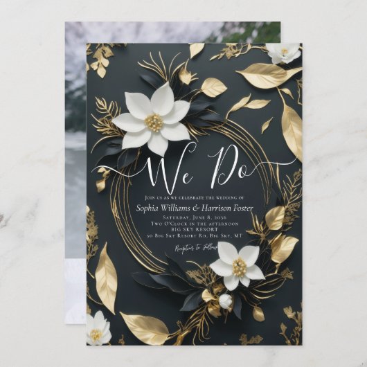 白黒金ゴールドフローラリース我々は結婚の写真を行う 招待状 (正面/裏面)