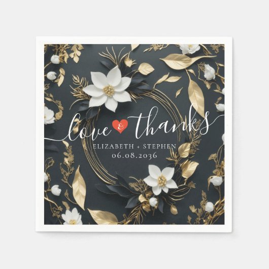 白黒金ゴールドフローラ結婚リースの愛感謝してい スタンダードカクテルナプキン (正面)
