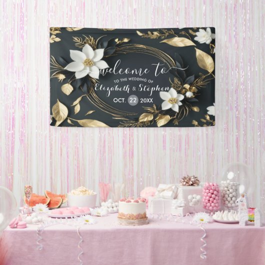 白黒金ゴールドフローラ結婚リースの歓迎 横断幕 (パーティー)