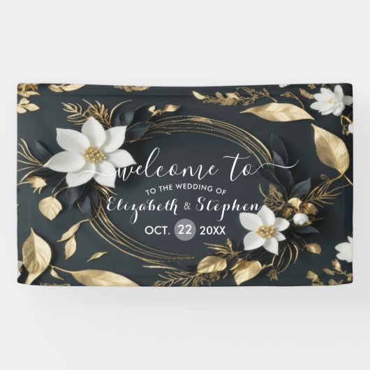 白黒金ゴールドフローラ結婚リースの歓迎 横断幕 (横)