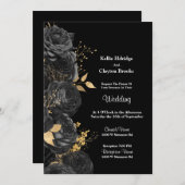 白黒金ゴールドフローラ結婚式招待状 招待状 (正面/裏面)