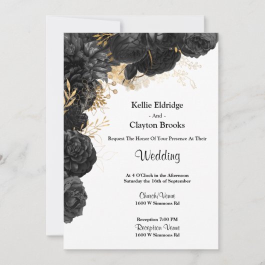 白黒金ゴールドフローラ結婚式招待状 招待状 (正面)
