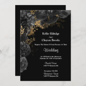 白黒金ゴールドフローラ結婚式招待状 招待状 (正面/裏面)