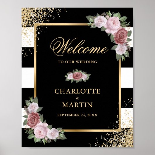 白黒金ゴールドフローラ結婚披露宴サイン ポスター (正面)