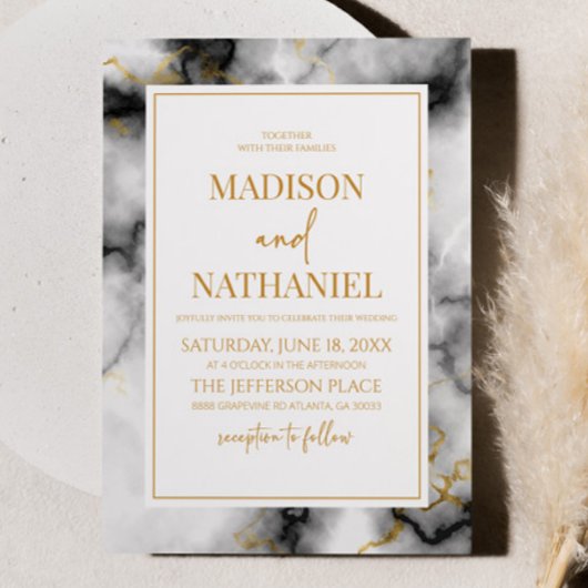 白黒金ゴールドマーブルエレガントウェディング 招待状