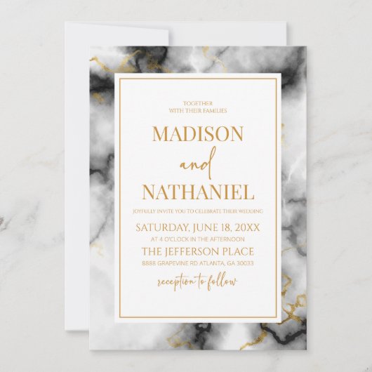 白黒金ゴールドマーブルエレガントウェディング 招待状 (正面)