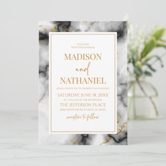 白黒金ゴールドマーブルエレガントウェディング 招待状 (スタンド正面)
