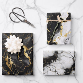 白黒金ゴールドマーベルパターンギフト ラッピングペーパーシート