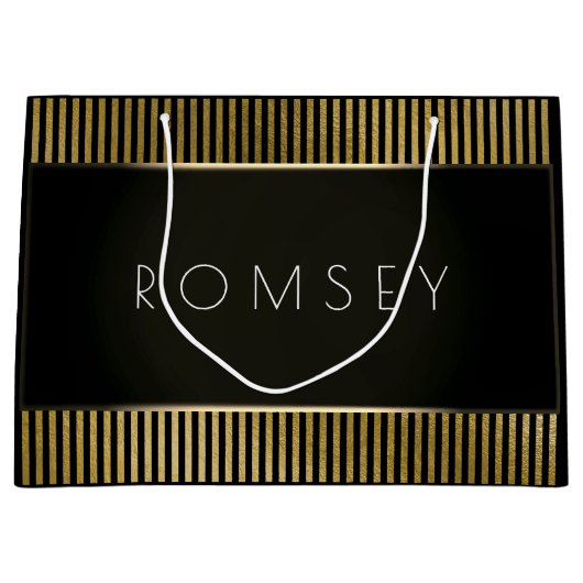 白黒金ゴールドミニマル高級ブランディングストライプズ ラージペーパーバッグ (正面)