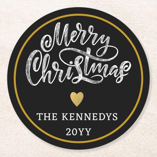 白黒金ゴールドメリークリスマス ラウンドペーパーコースター (正面)