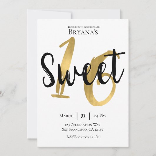 白黒金ゴールドモダンスウィート16バースデーパーティー 招待状 (正面)