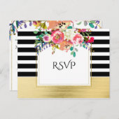 白黒金ゴールドモダンフローラグラムウェディングRSVP インビテーションポストカード (正面/裏面)