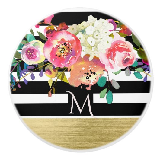 白黒金ゴールドモダンフローラグラムシエレガントック セラミックノブ (正面)