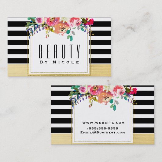 白黒金ゴールドモダンフローラグラムシエレガントック 名刺 (正面/裏面)