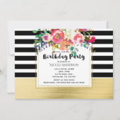 白黒金ゴールドモダンフローラグラムバースデーパーティー 招待状 (正面)