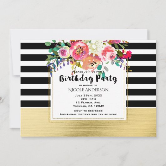 白黒金ゴールドモダンフローラグラムバースデーパーティー 招待状 (正面)