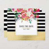 白黒金ゴールドモダンフローラGlam日付の保存 案内ポストカード (正面/裏面)