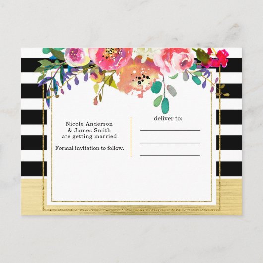 白黒金ゴールドモダンフローラGlam日付の保存 案内ポストカード (裏面)