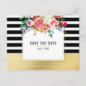 白黒金ゴールドモダンフローラGlam日付の保存 案内ポストカード (正面)