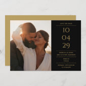 白黒金ゴールドモダンミニマ結婚リストの写真 セーブザデート (正面/裏面)