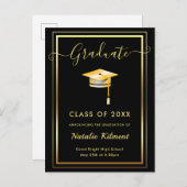 白黒金ゴールドモダン学位取得 案内ポストカード (正面/裏面)