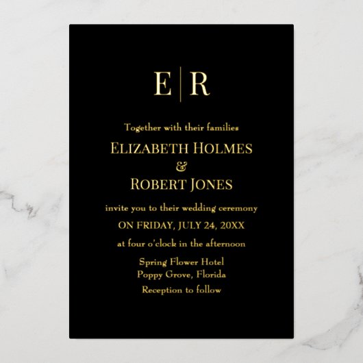 白黒金ゴールドモノグラムカスタムフォト結婚ズ 箔招待状 (正面)