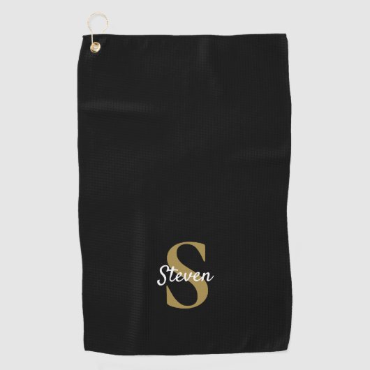 白黒金ゴールドモノグラム名シンプル ゴルフタオル (正面)