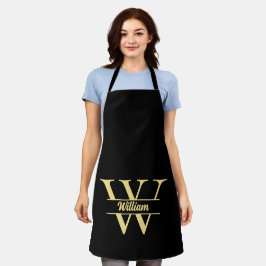 白黒金ゴールドモノグラム | エレガントイニシャルスクリプト エプロン
