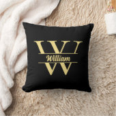 白黒金ゴールドモノグラム | エレガントイニシャルスクリプト クッション (ブランケット)