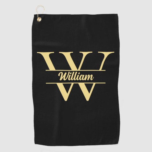 白黒金ゴールドモノグラム | エレガントイニシャルスクリプト ゴルフタオル (正面)